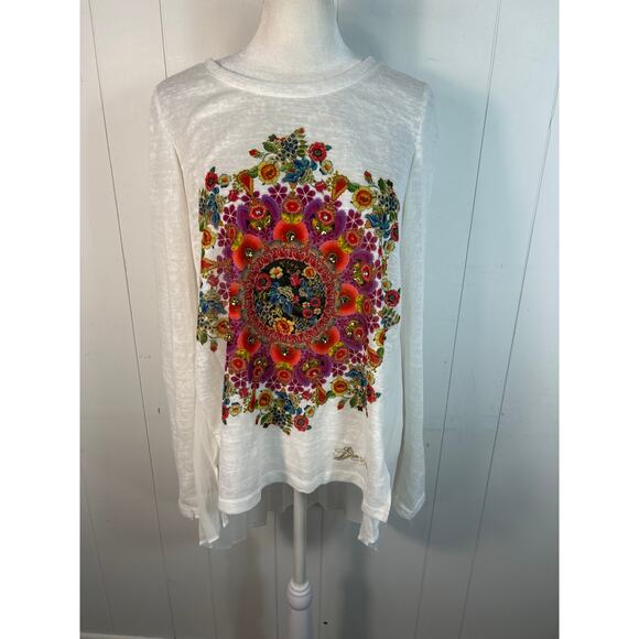Desigual Prisca white long-sleeve high-low top with studs and sheer pleats. S - Picture 2 of 7